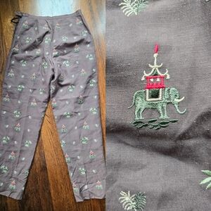 Silk Linen Elephant Embroidered High Rise Pants Talbots  Size‎ 4